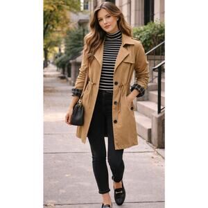 Rails Camel Utility Trench Coat Plaid Lining Drawstring Waist Size Small